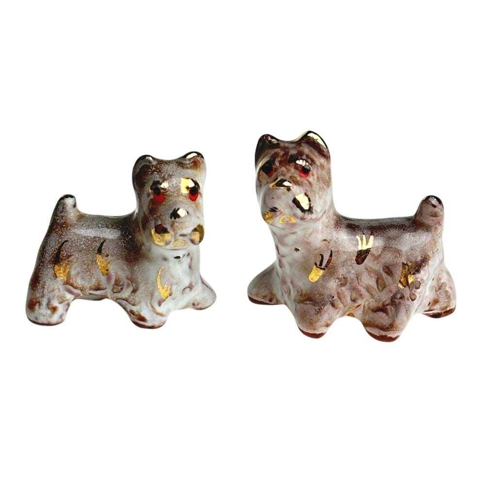 Vintage MCM Scottish Terrier pair miniature ceramic hand painted gold figurines